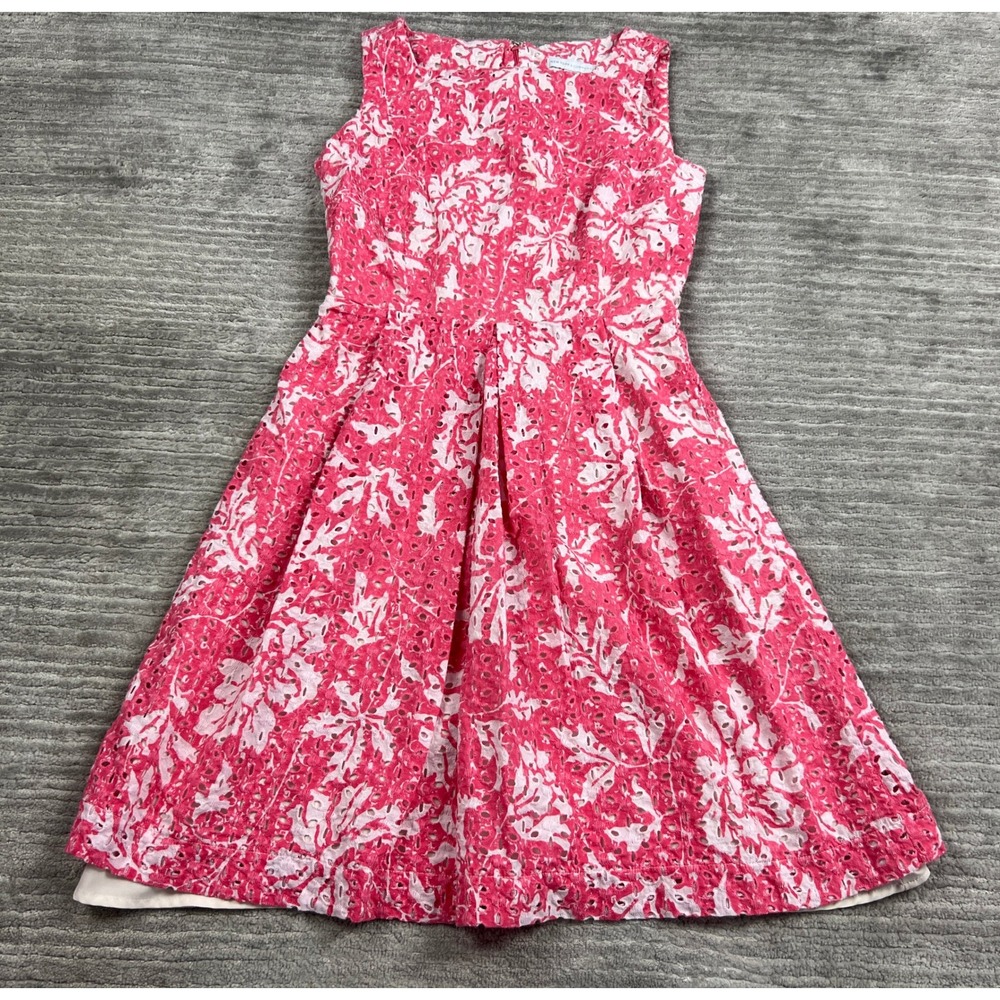 New York & Company Dress Womens 0 Pink Floral Eyelet Fit Flare Sleeveless Summer